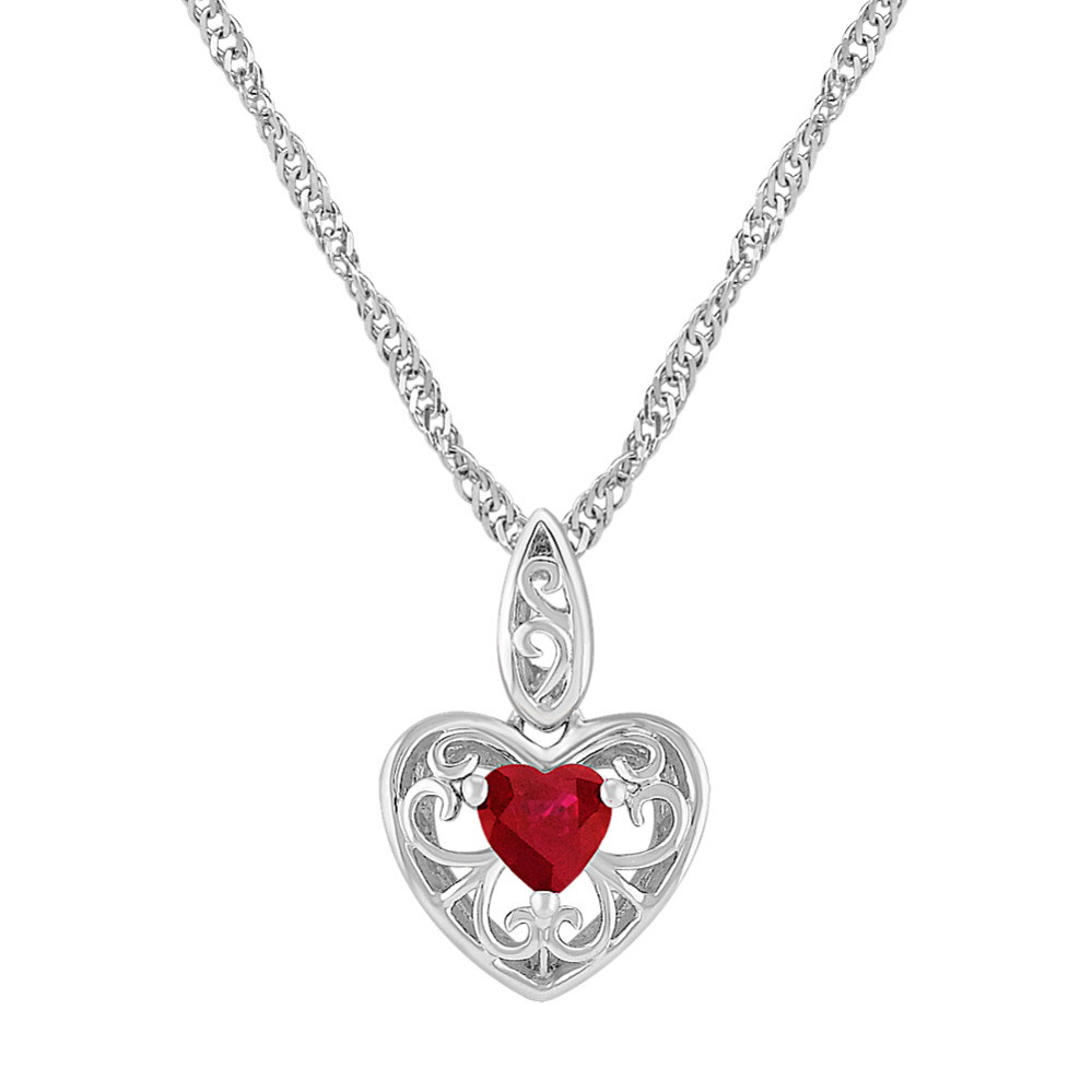 Heart-Shaped Ruby and Sterling Silver Pendant (18 in)