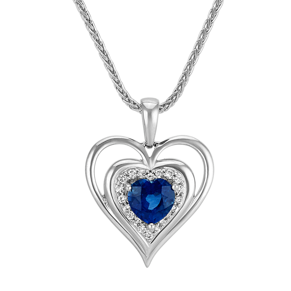 Heart-Shaped Traditional Sapphire and Round Diamond Heart Pendant (22 in)