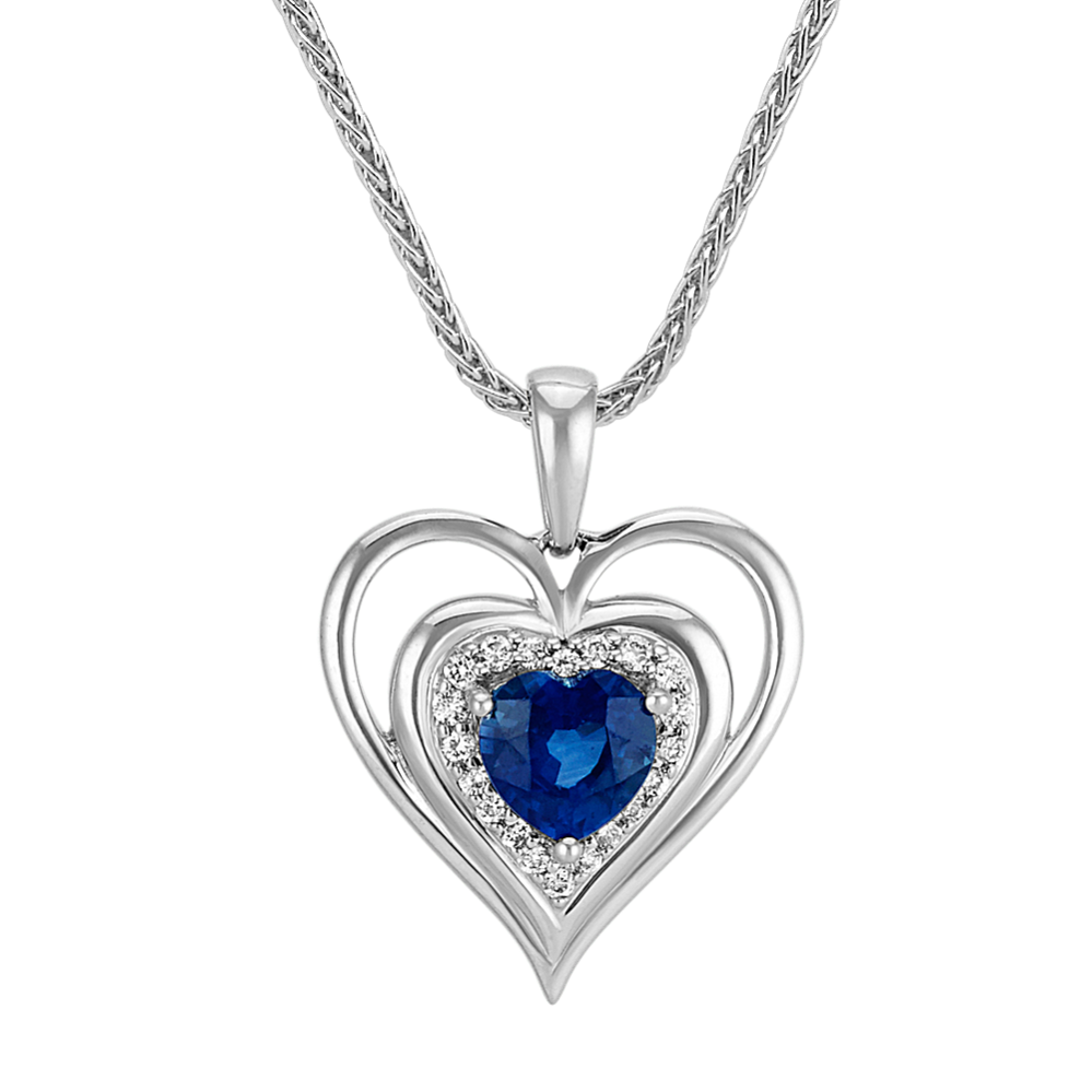 Heart-Shaped Traditional Sapphire and Round Diamond Heart Pendant (22'')