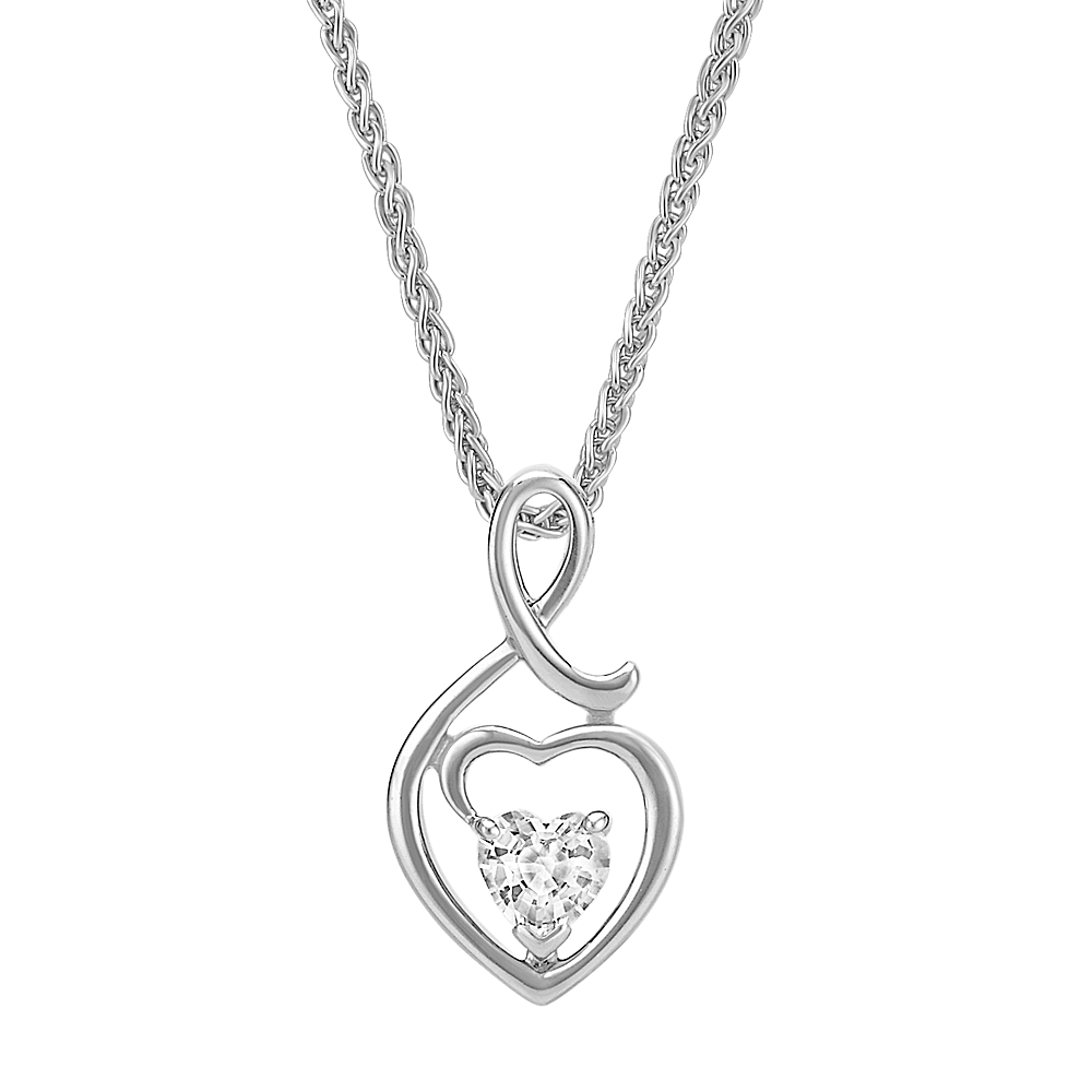Heart Shaped White Sapphire and Sterling Silver Heart Pendant (18 in ...