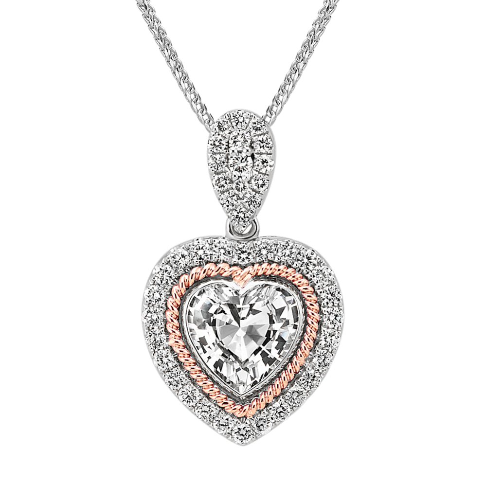 Heart-Shaped White Sapphire & Round Diamond Pendant in Two-Tone Gold (22 in)