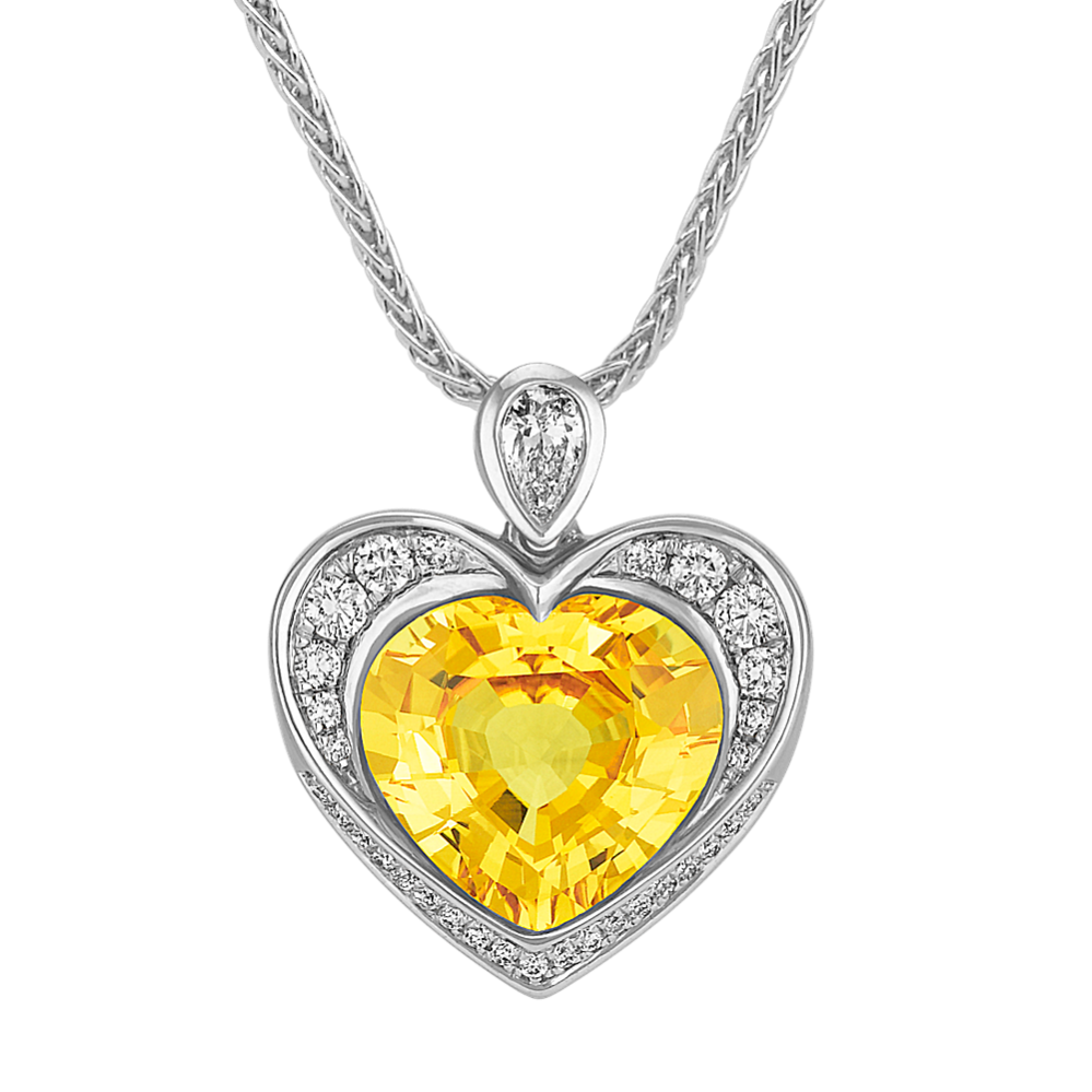 Heart Shaped Yellow Sapphire, Pear Shaped and Round Diamond Pendant (18 in)