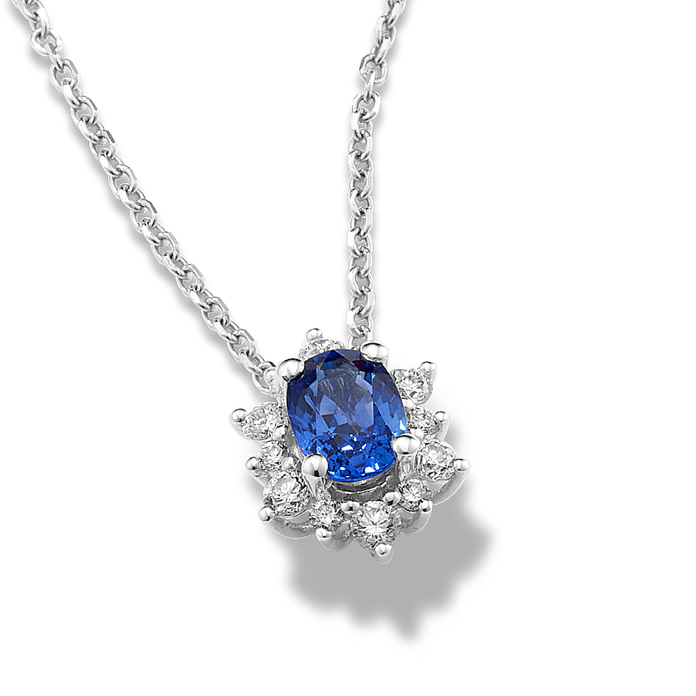 Oval Blue Sapphire & Diamond Halo Pendant Necklace 14k White Gold