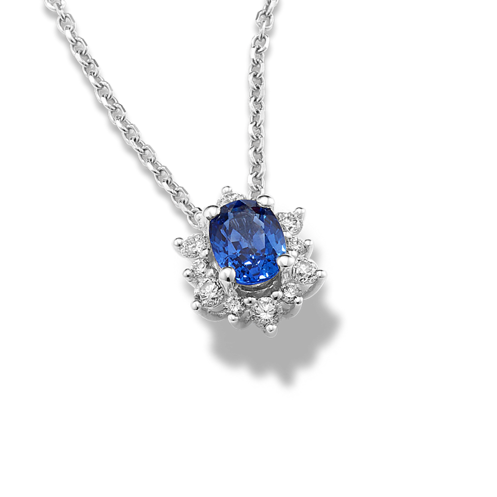 Honore Traditional Blue Natural Sapphire and Natural Diamond Pendant in 14K White Gold (18 in)