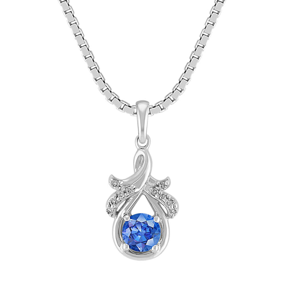 Kentucky Blue Sapphire and Diamond Pendant in Sterling Silver (18 in)