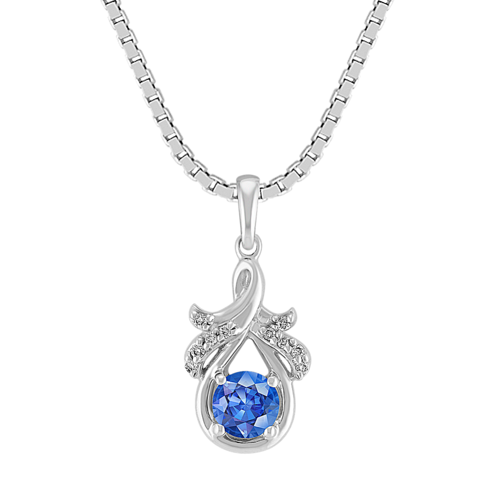 Kentucky Blue Sapphire and Diamond Pendant in Sterling Silver (18'')