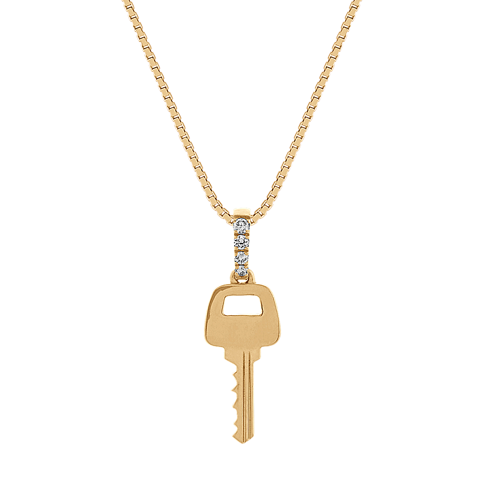 14kt Yellow Gold Natural Diamond Key Necklace