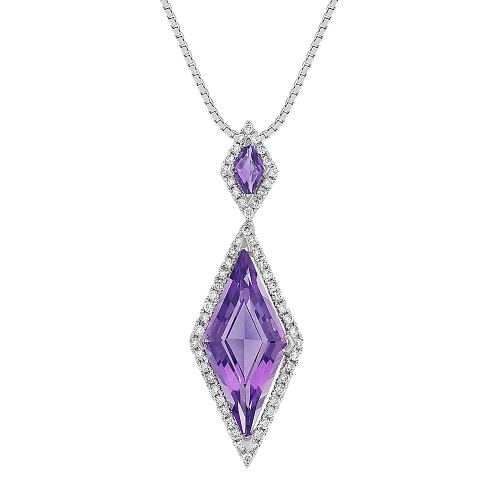 Kite Shaped Purple Amethyst and Round Diamond Pendant (18 in)