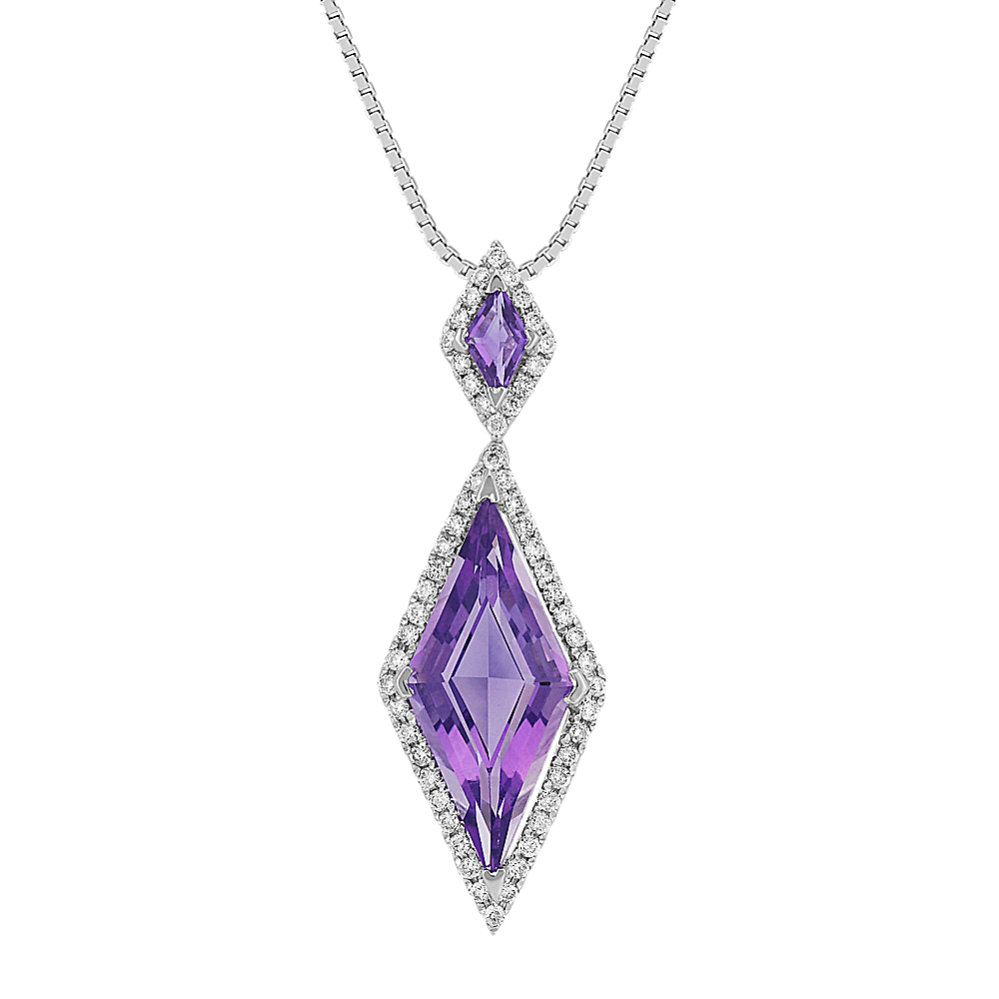 Kite Shaped Purple Amethyst and Round Diamond Pendant (18'')
