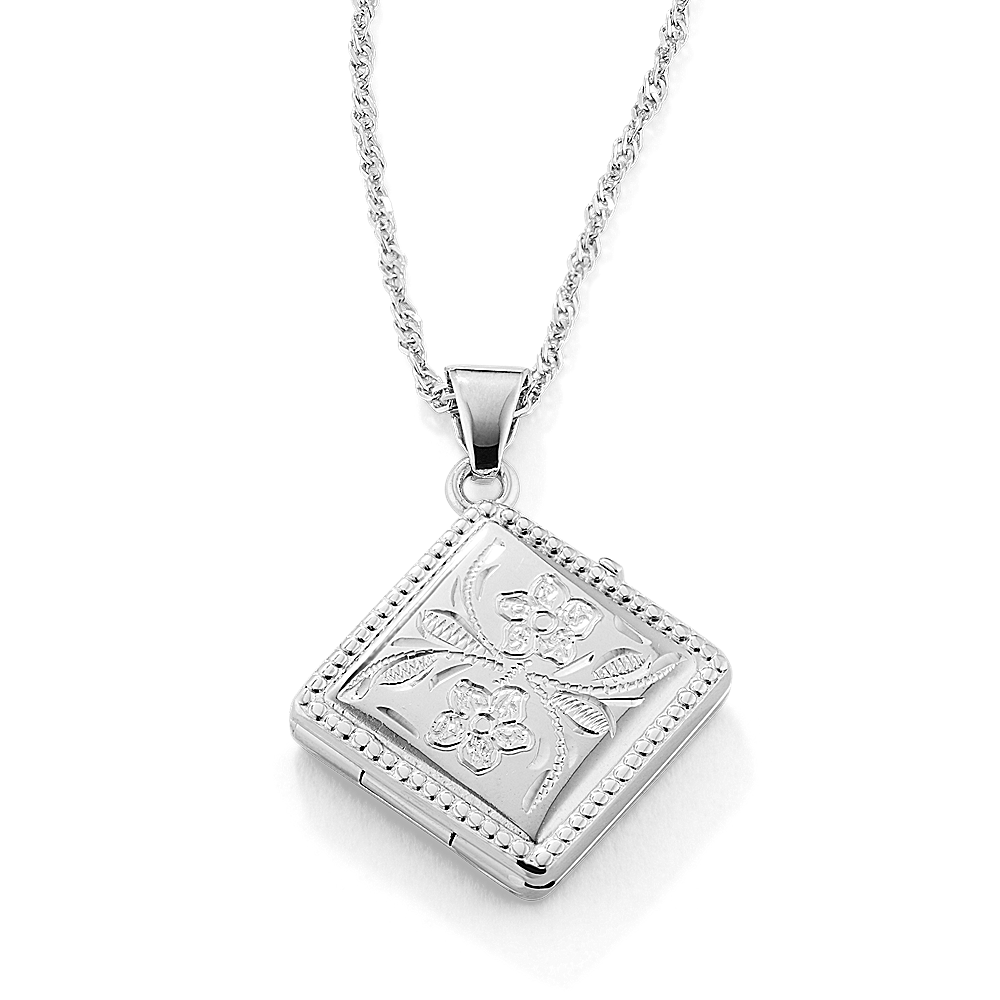 Kite-Shaped Square Locket with Floral Engraving in Sterling Silver (20 in)