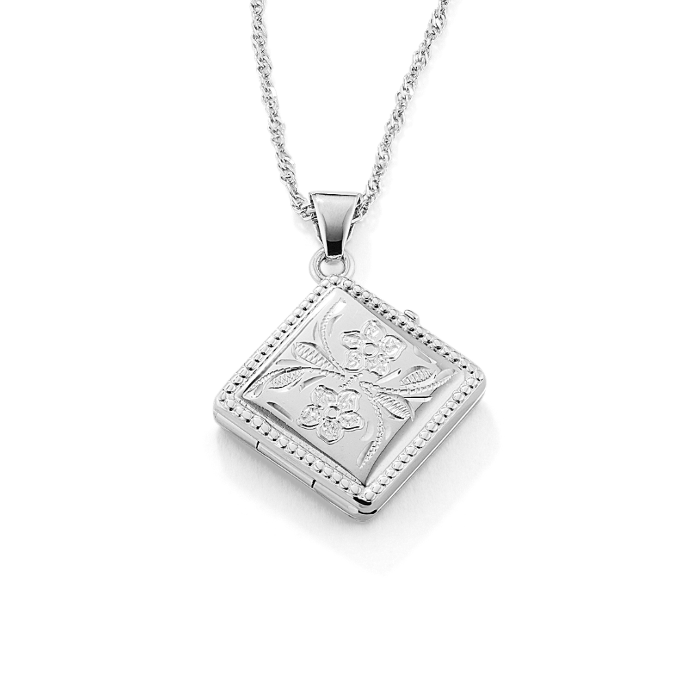 Kite-Shaped Square Locket with Floral Engraving in Sterling Silver (20 in)