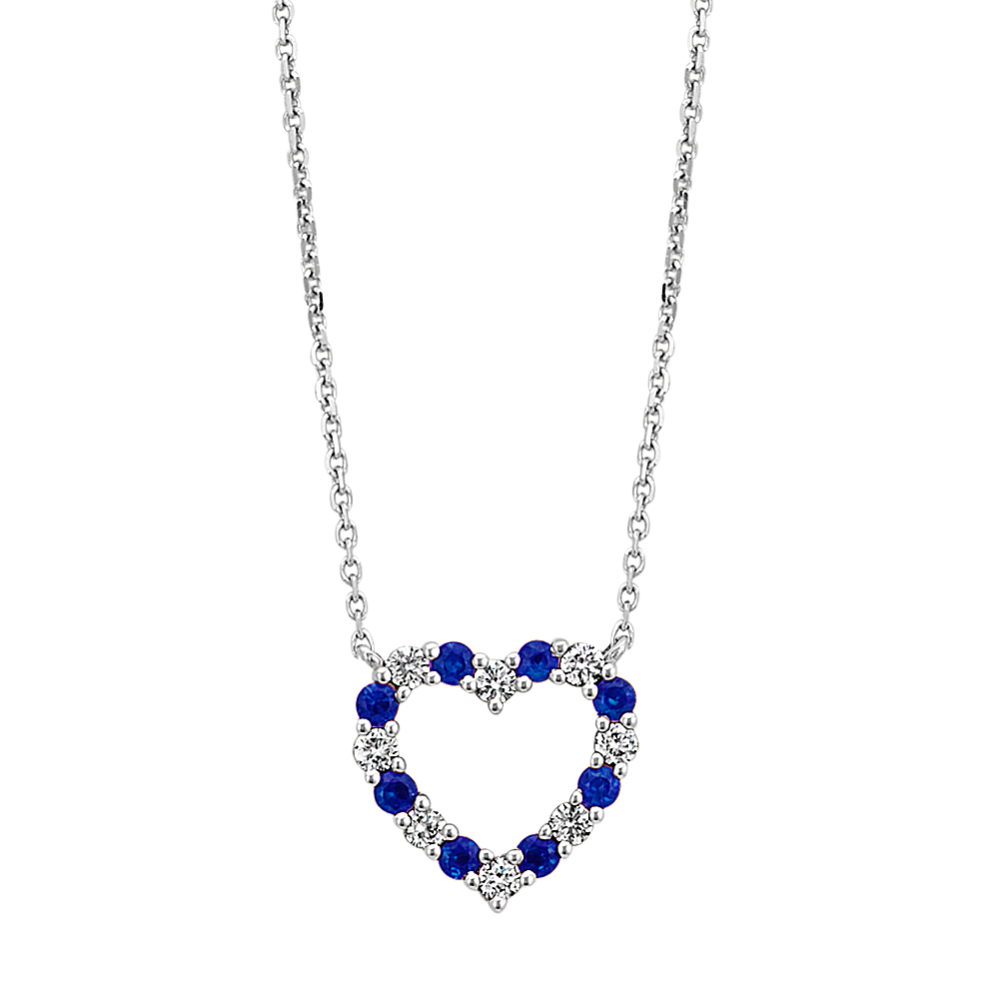 Maritsa Traditional Blue Sapphire & Diamond Heart Necklace in 14K White Gold (18 in)