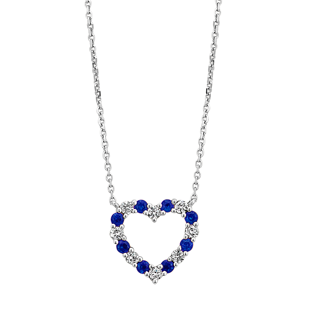 Maritsa Traditional Blue Sapphire & Diamond Heart Necklace in 14K White Gold (18'')