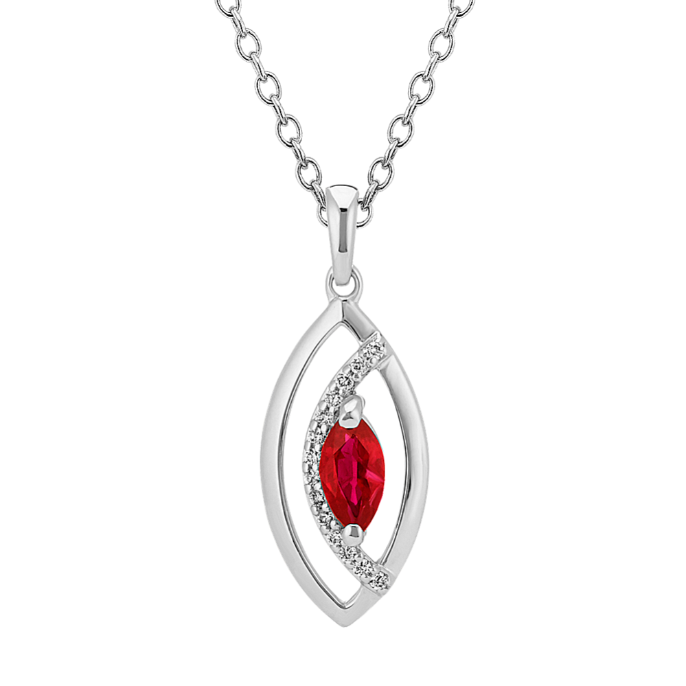 Marquise Ruby and Round Diamond Pendant in 14k White Gold (22 in)