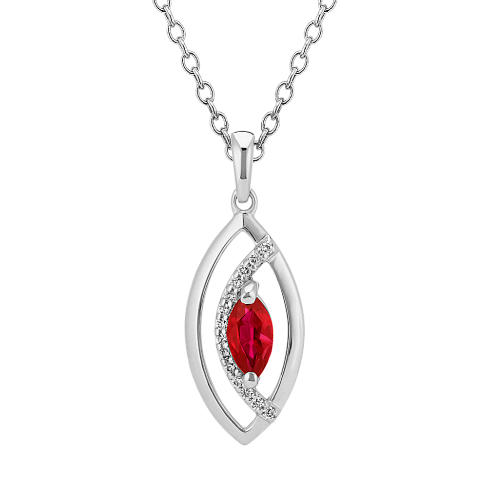 Marquise Ruby and Round Diamond Pendant in 14k White Gold (22'')
