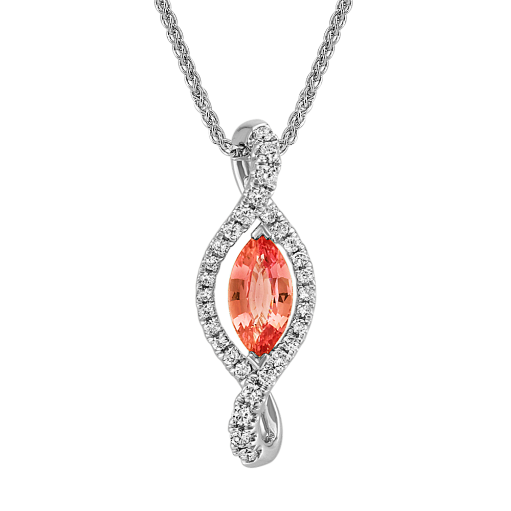 Marquise Salmon Sapphire and Round Diamond Swirl Pendant (22'')