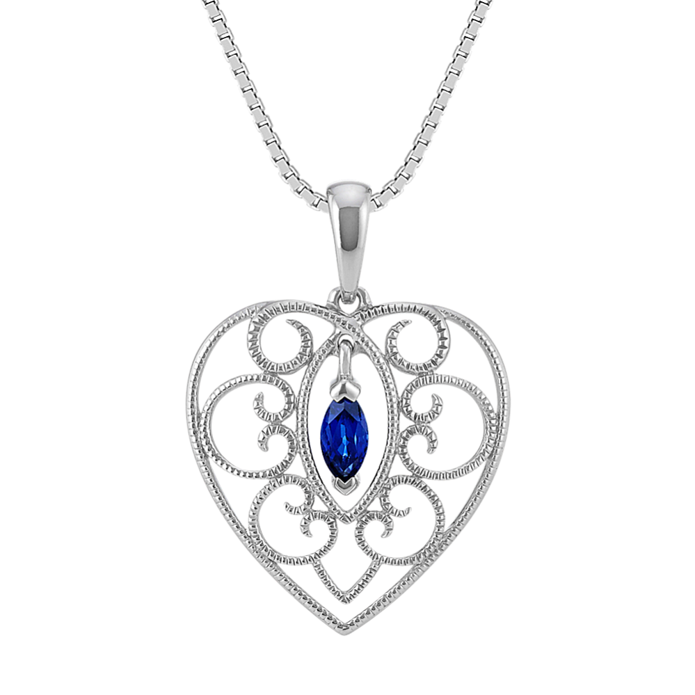Marquise Traditional Blue Sapphire Heart Pendant in Sterling Silver (20 in.)