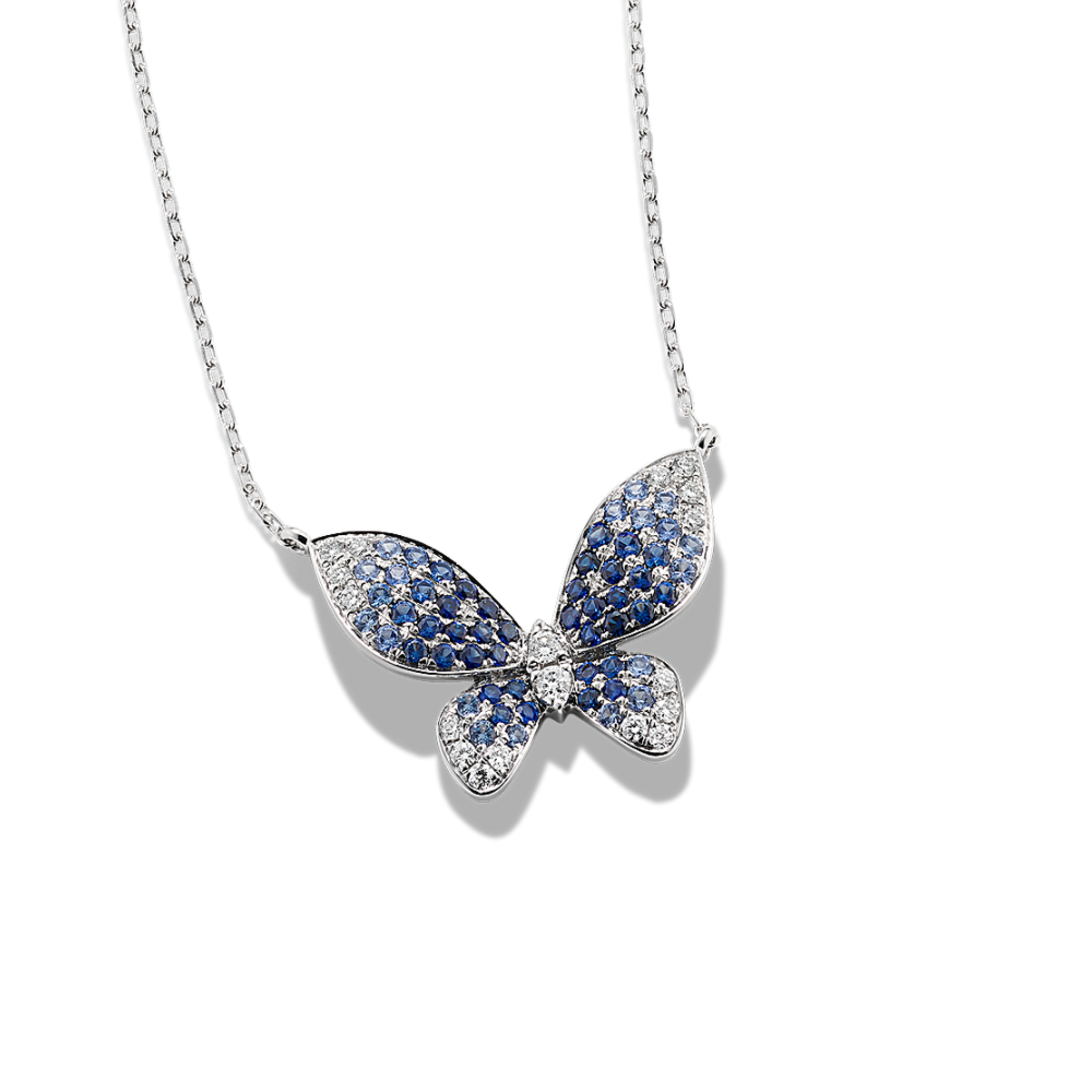 Mosaic Blue Natural Sapphire and Natural Diamond Butterfly Necklace (18 in)