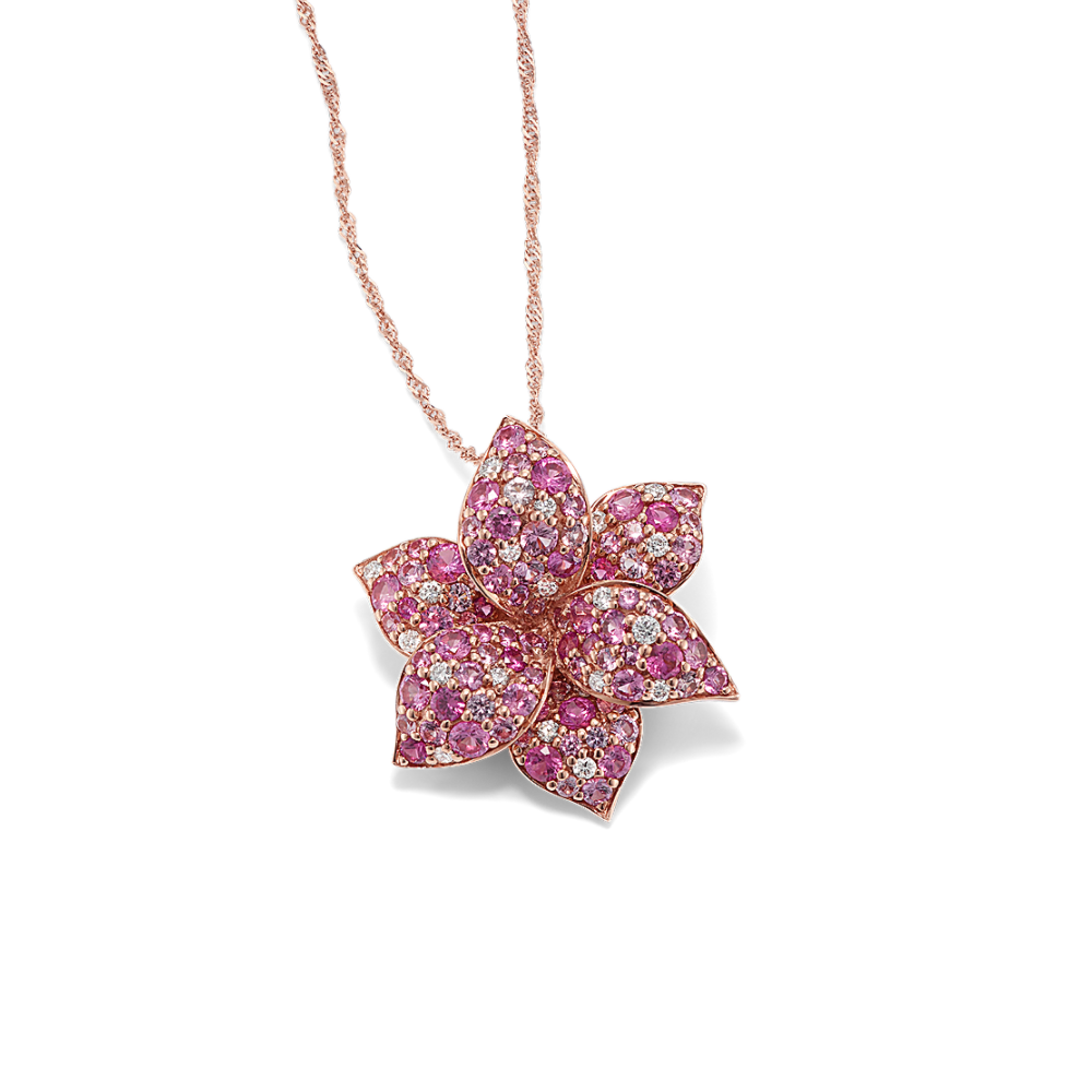 Mosaic Pink Natural Sapphire and Natural Diamond Flower Pendant in 14k Rose Gold (22 in)