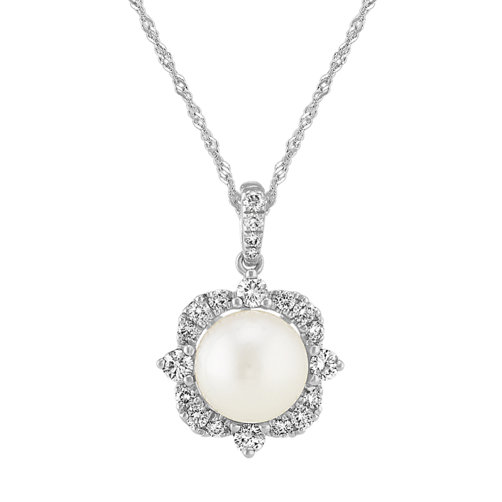 Musique 8mm Akoya Cultured Pearl and Diamond Pendant in 14K White Gold (20 in)