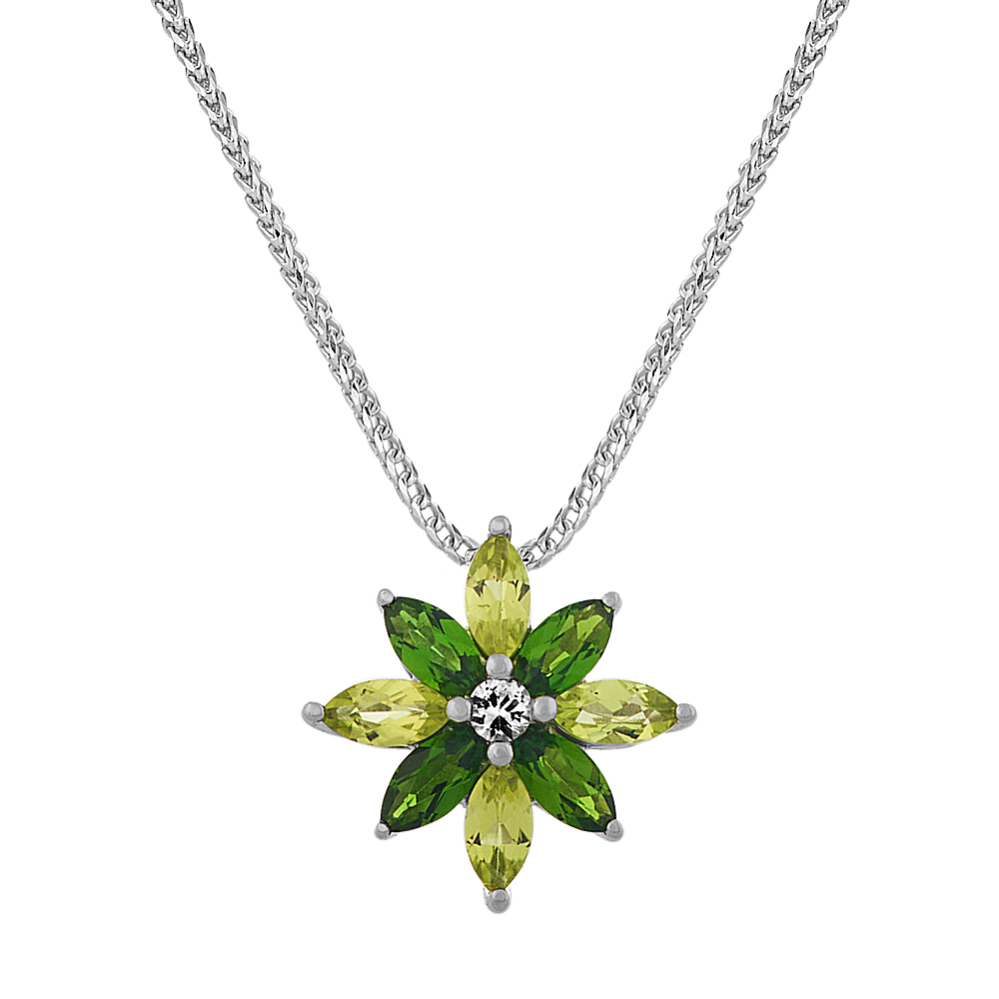 Chrome Diopside Peridot and White Sapphire Floral Pendant (22 in)