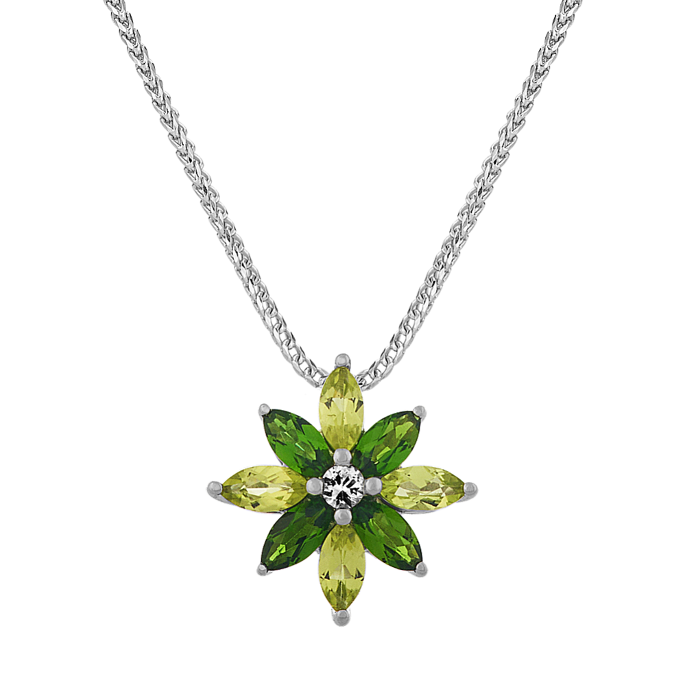 Chrome Diopside Peridot and White Sapphire Floral Pendant (22'')