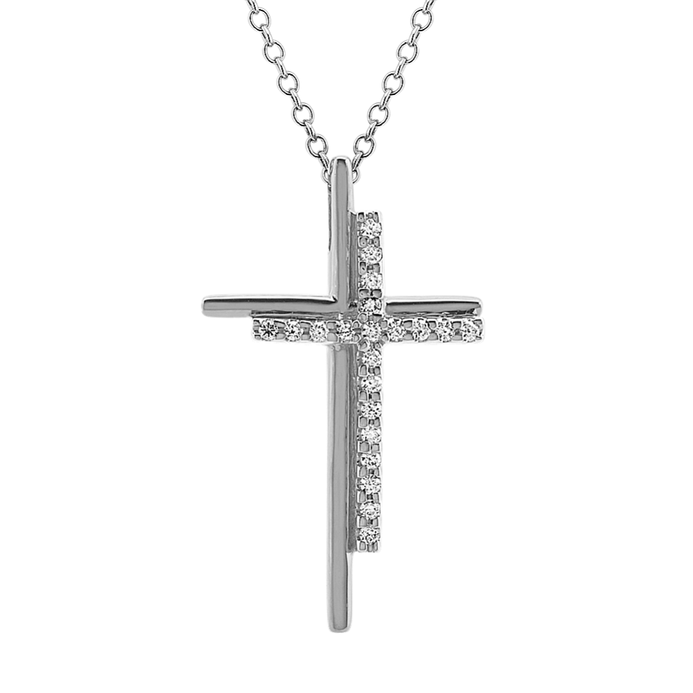 Diamond Double Cross Pendant in 14k White Gold (22 in)