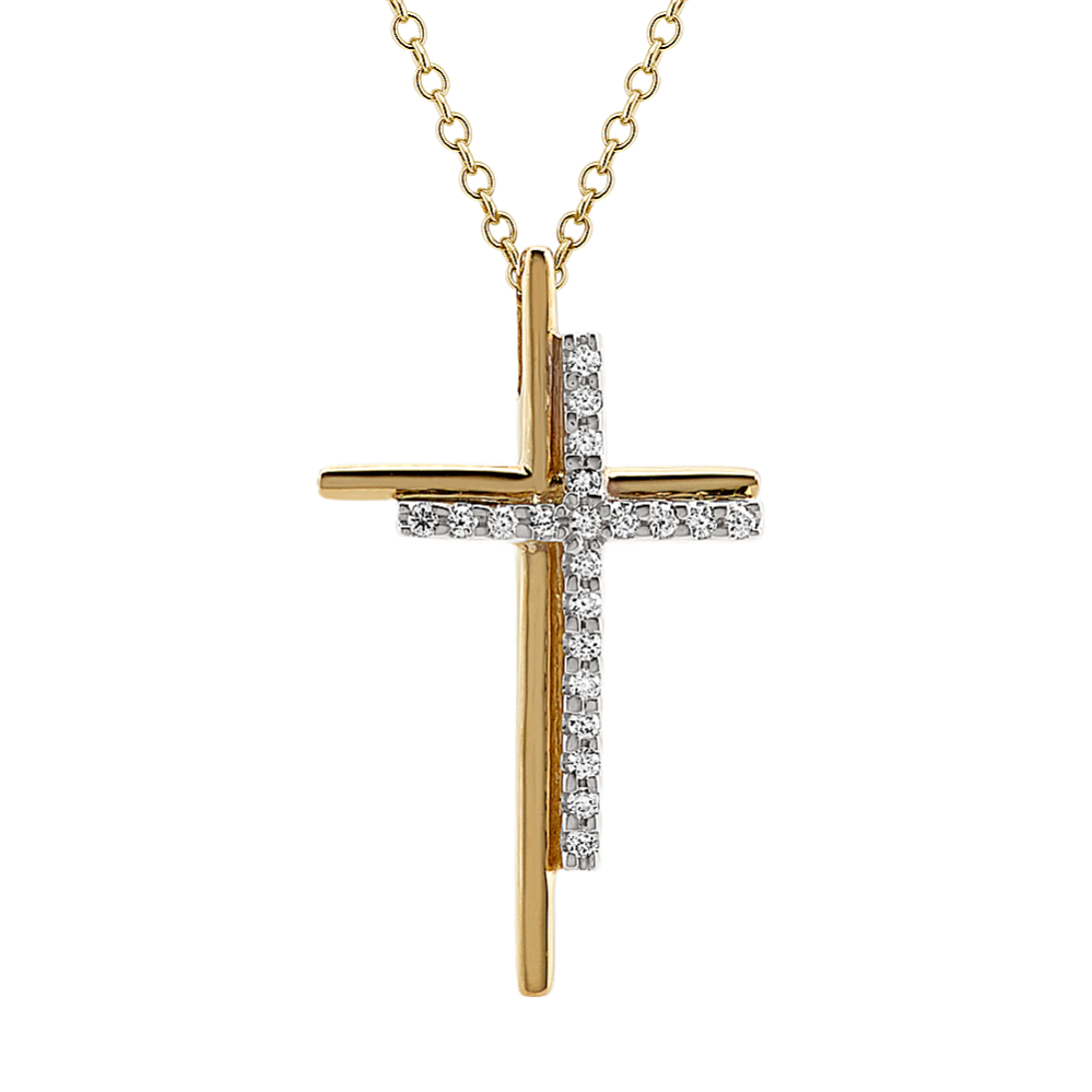 Diamond Double Cross Pendant in 14k Yellow Gold (22'')