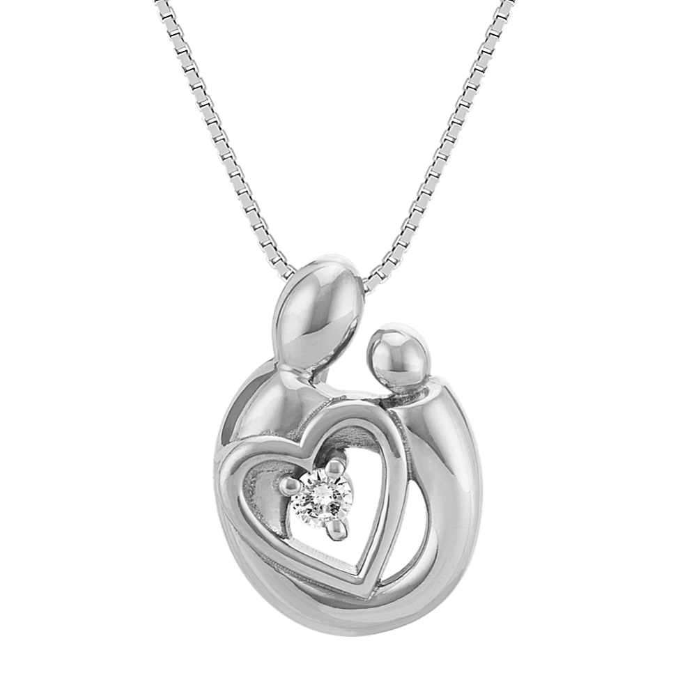 Diamond Mother & Child Heart Pendant in Sterling Silver (20'')