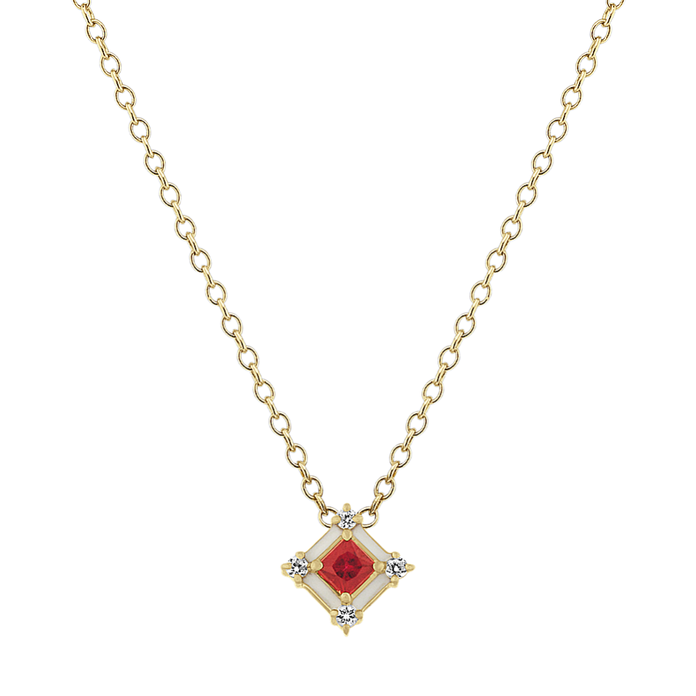 Ruby and White Sapphire Enamel Pendant (18'')