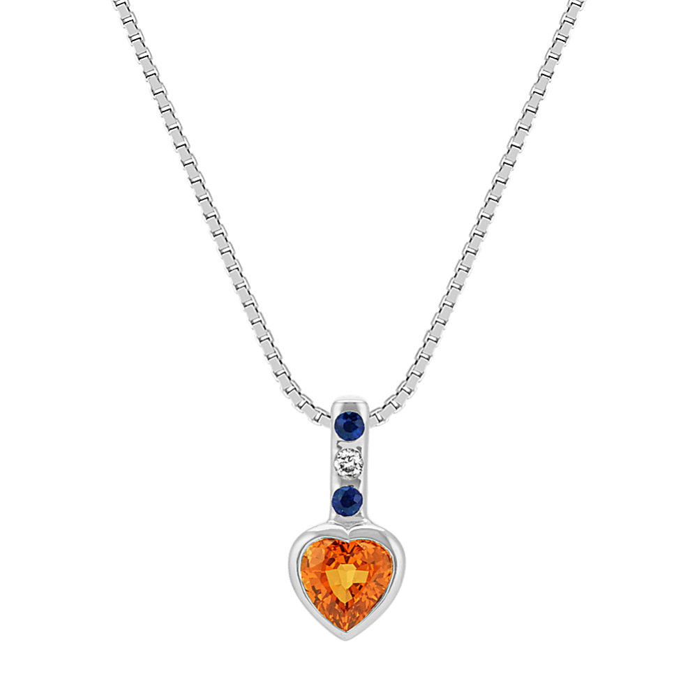 Orange Heart-Shaped Sapphire,Traditional Sapphire & Diamond Pendant (20 in)