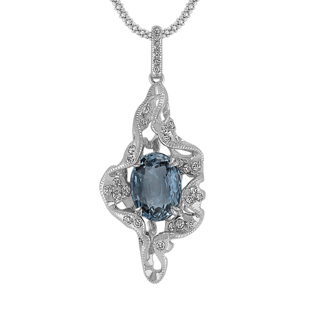Oval Blue Green Sapphire and Diamond Pendant (22'')
