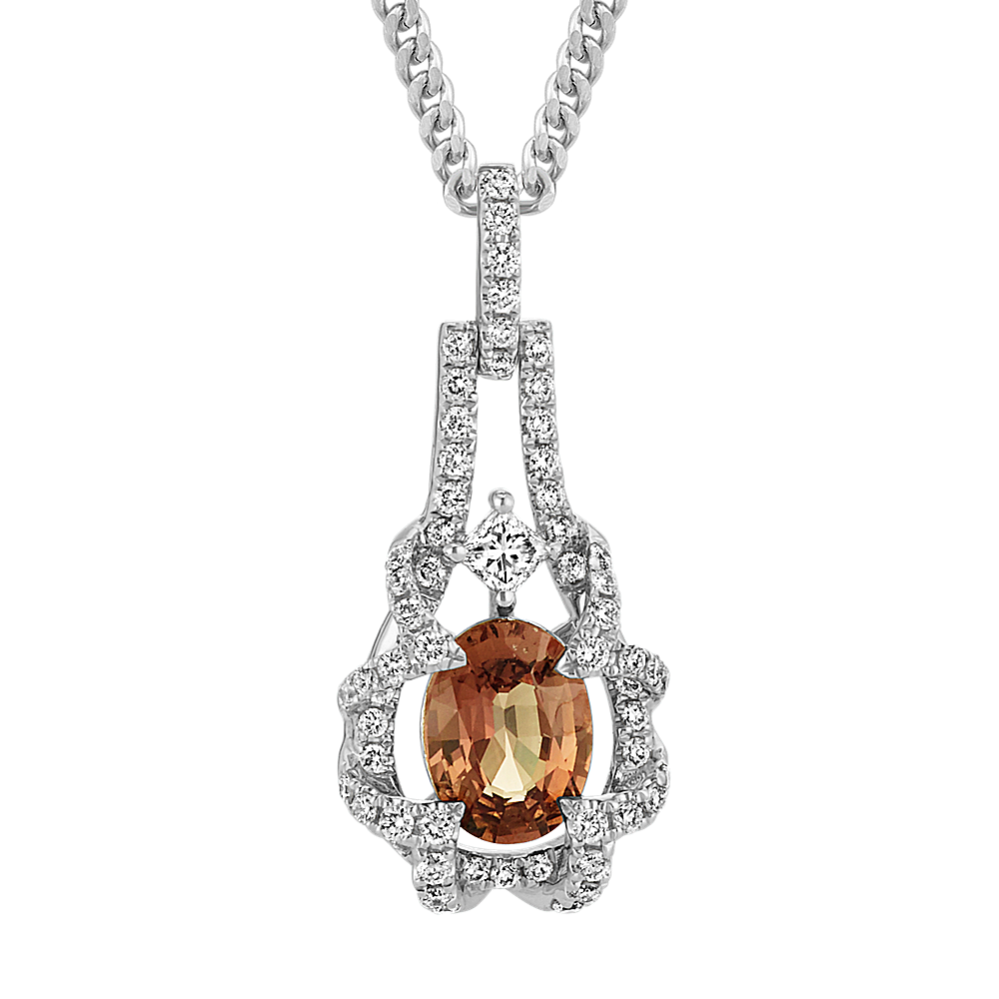 Oval Cognac Sapphire, Round and Princess Cut Diamond Pendant (18 in)
