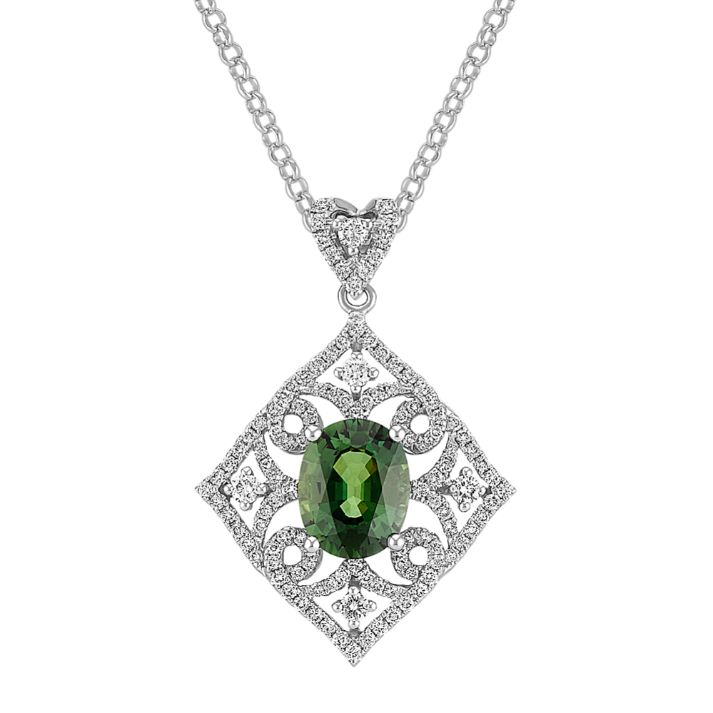 Oval Green Sapphire and Round Diamond Pendant (18'')