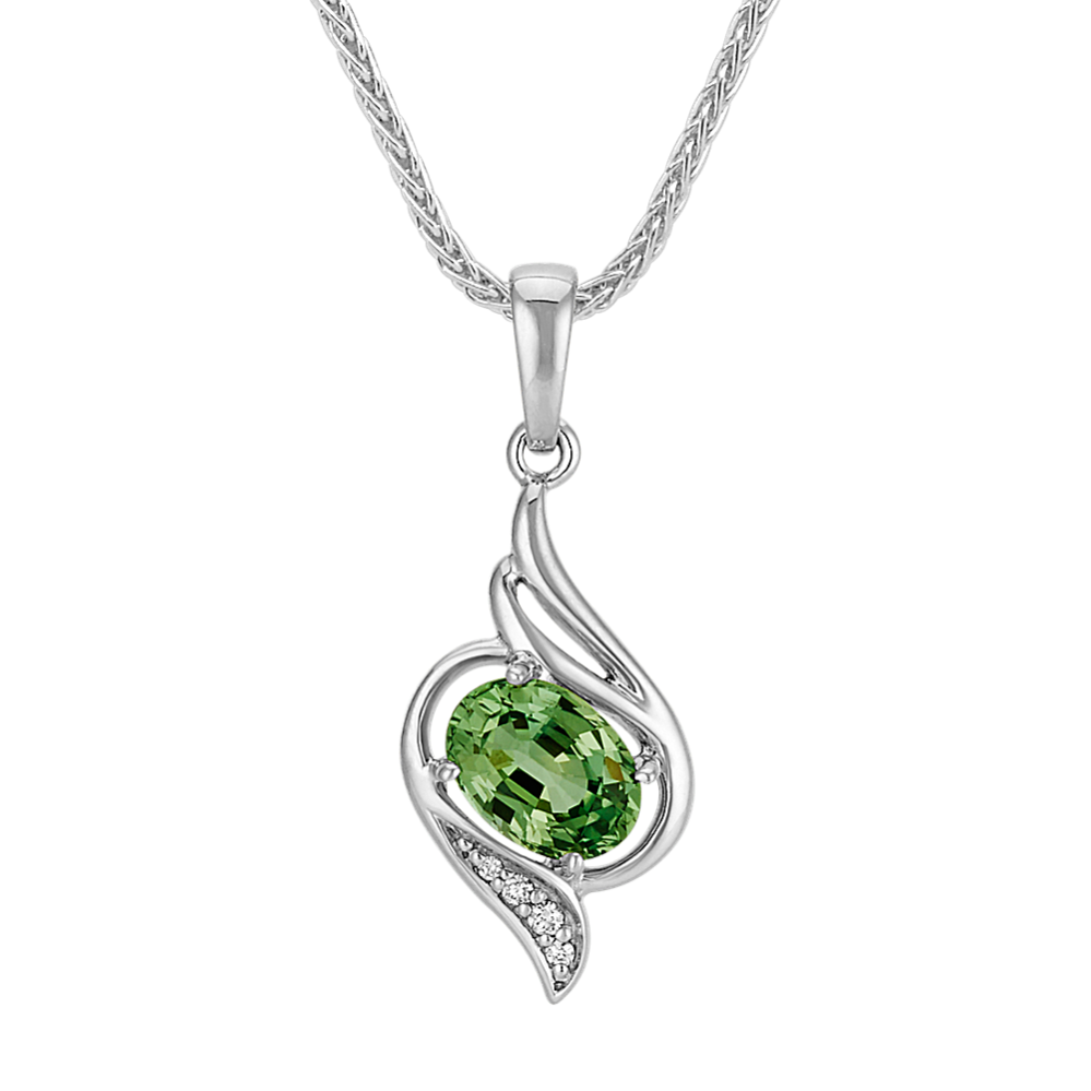 Oval Green Sapphire and Round Diamond Pendant (22 in)