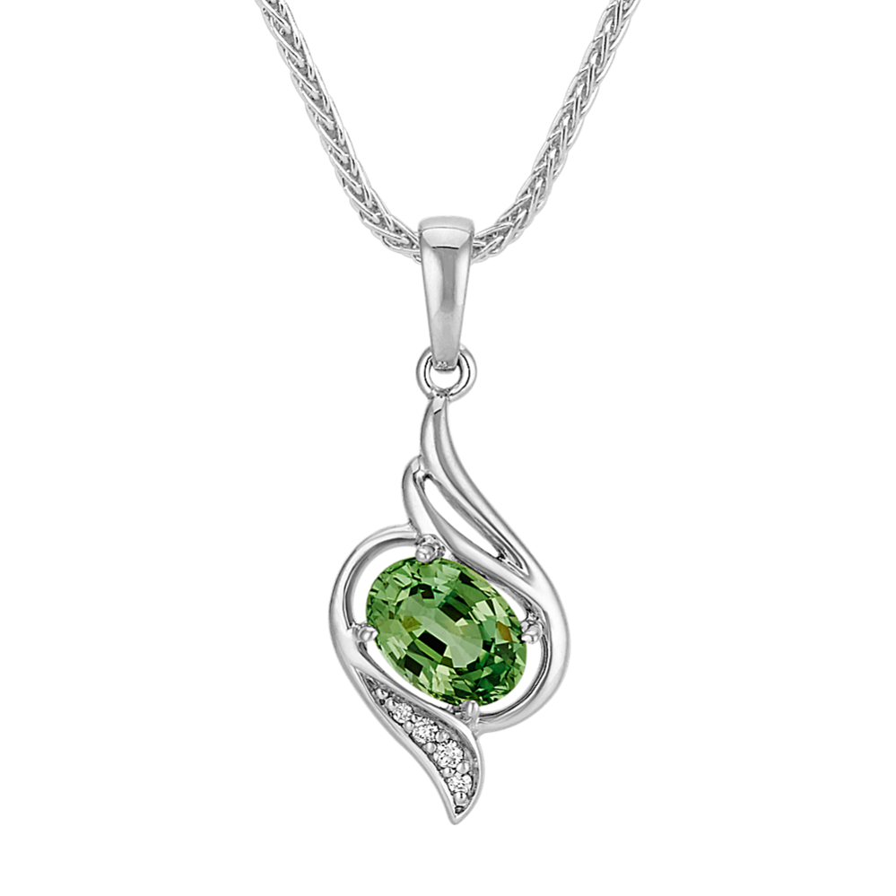 Oval Green Sapphire and Round Diamond Pendant (22'')