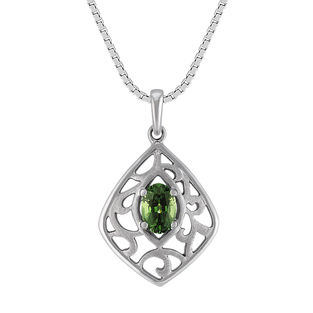 Oval Green Sapphire and Sterling Silver Pendant (18 in)