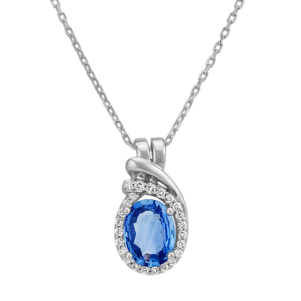 Oval Kentucky Blue Sapphire and Round Diamond Swirl Pendant (22 in)