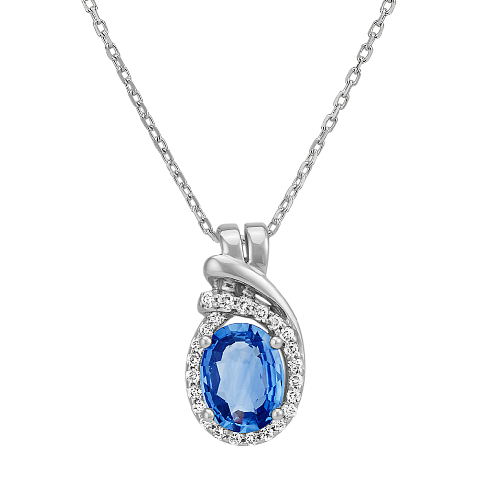 Oval Kentucky Blue Sapphire and Round Diamond Swirl Pendant (22'')