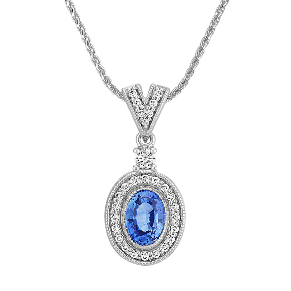 Oval Kentucky Blue Sapphire and Round Diamond Vintage Pendant (22 in)