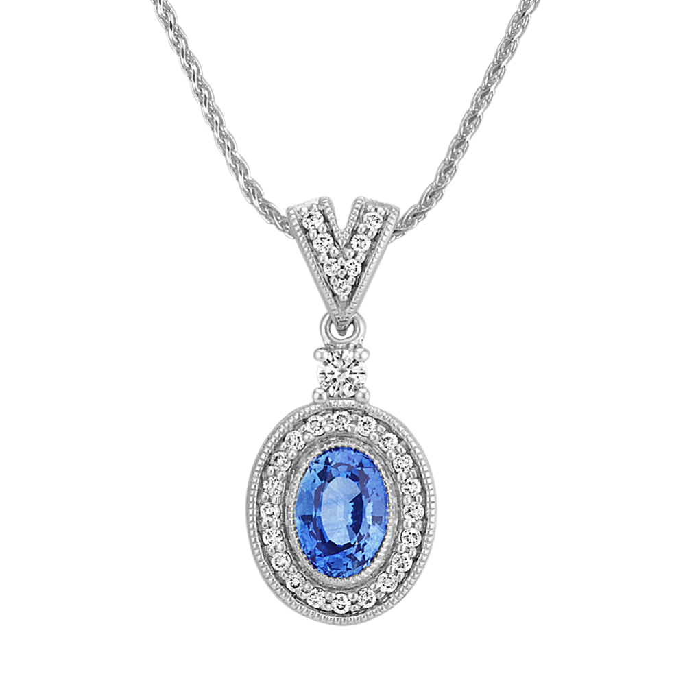 Oval Kentucky Blue Sapphire and Round Diamond Vintage Pendant (22'')