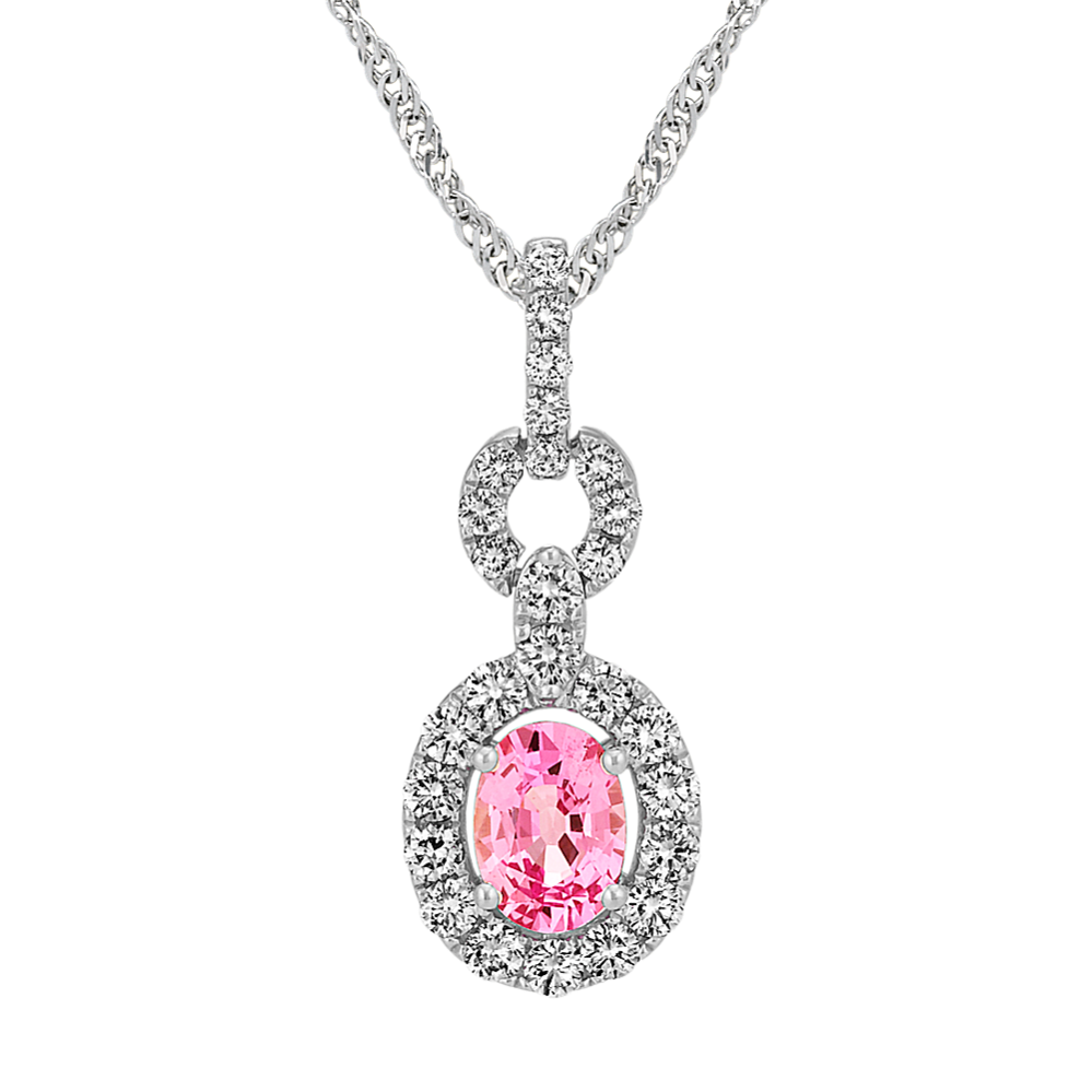 Oval Pink Sapphire and Diamond Halo Pendant (22'')