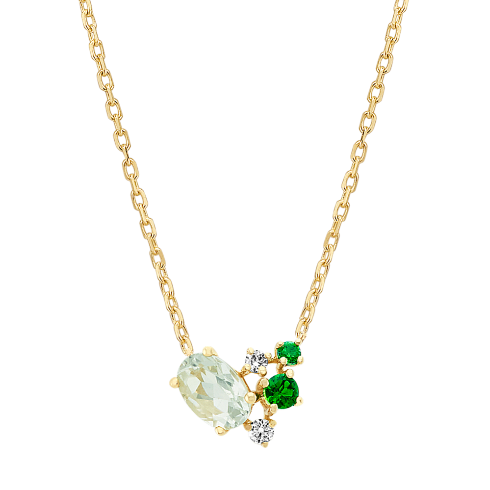 Oval Prasiolite, Tsavorite Garnet and Diamond Necklace (18 in)