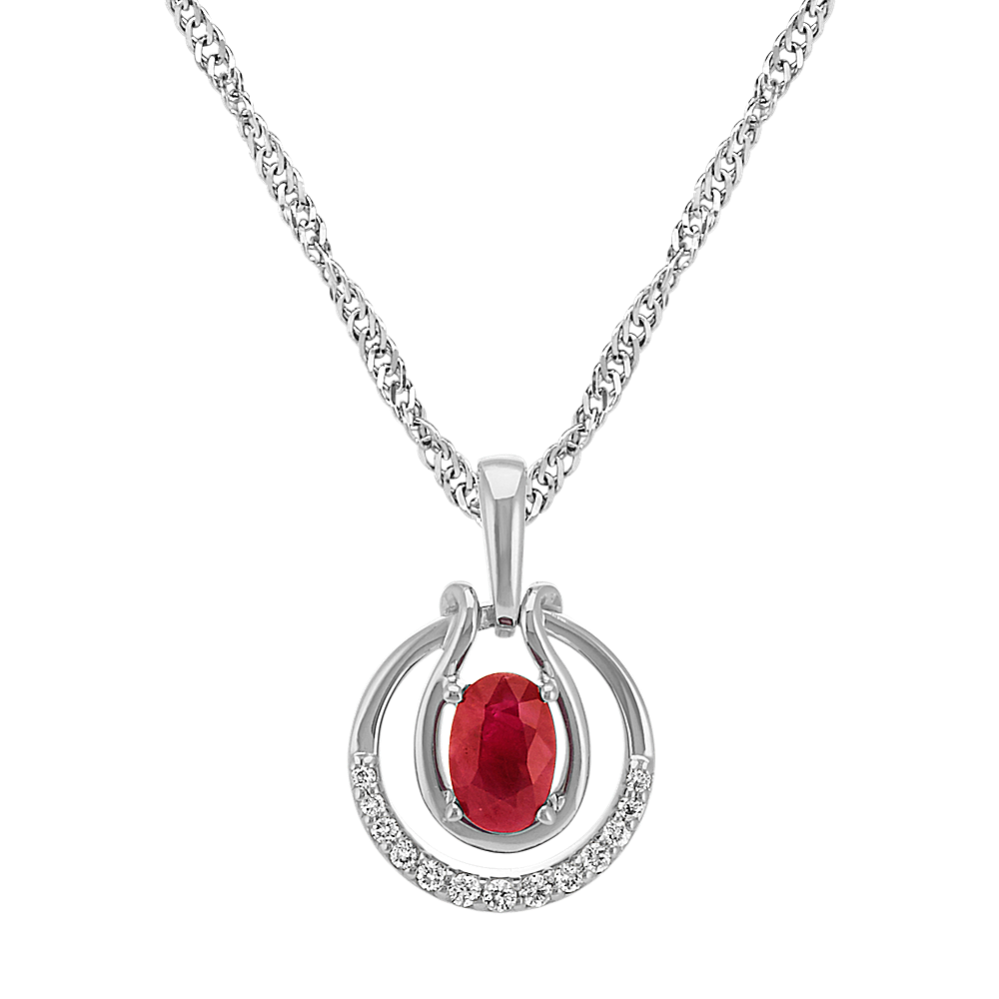 Oval Ruby and Round Diamond Circle Pendant in 14k White Gold (22 in)