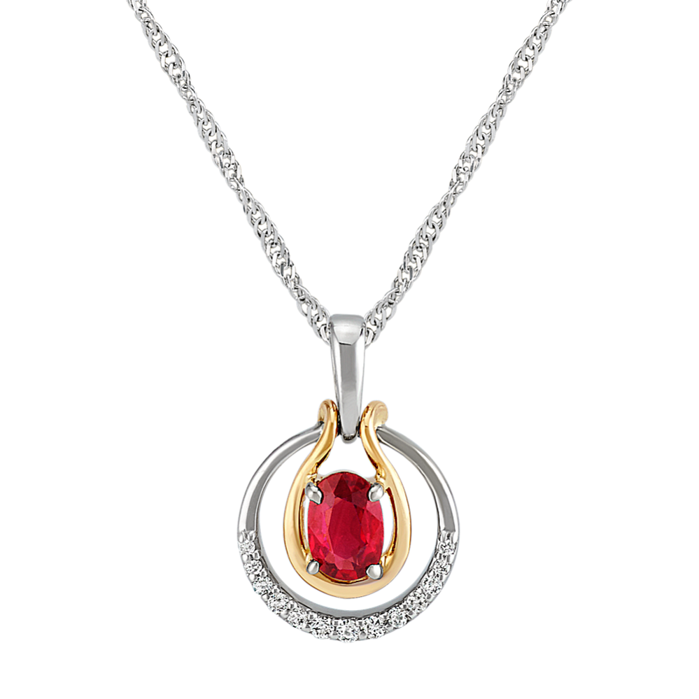 Oval Ruby and Round Diamond Circle Pendant in Two-Tone Gold (22 in)