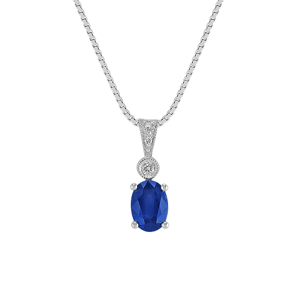 Oval Natural Sapphire and Round Natural Diamond Pendant (18 in)
