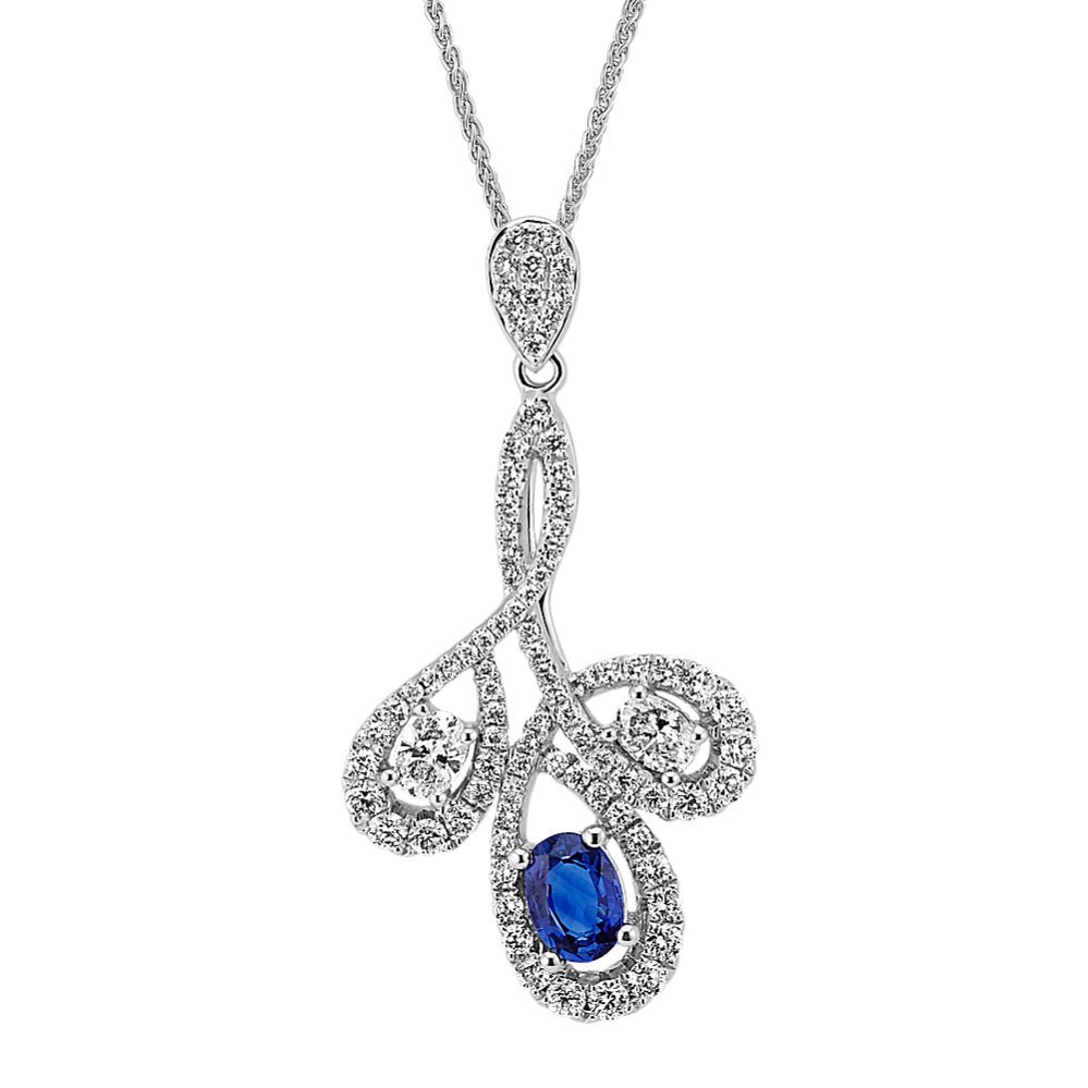 Oval Traditional Blue Sapphire and Diamond Pendant (20 in)