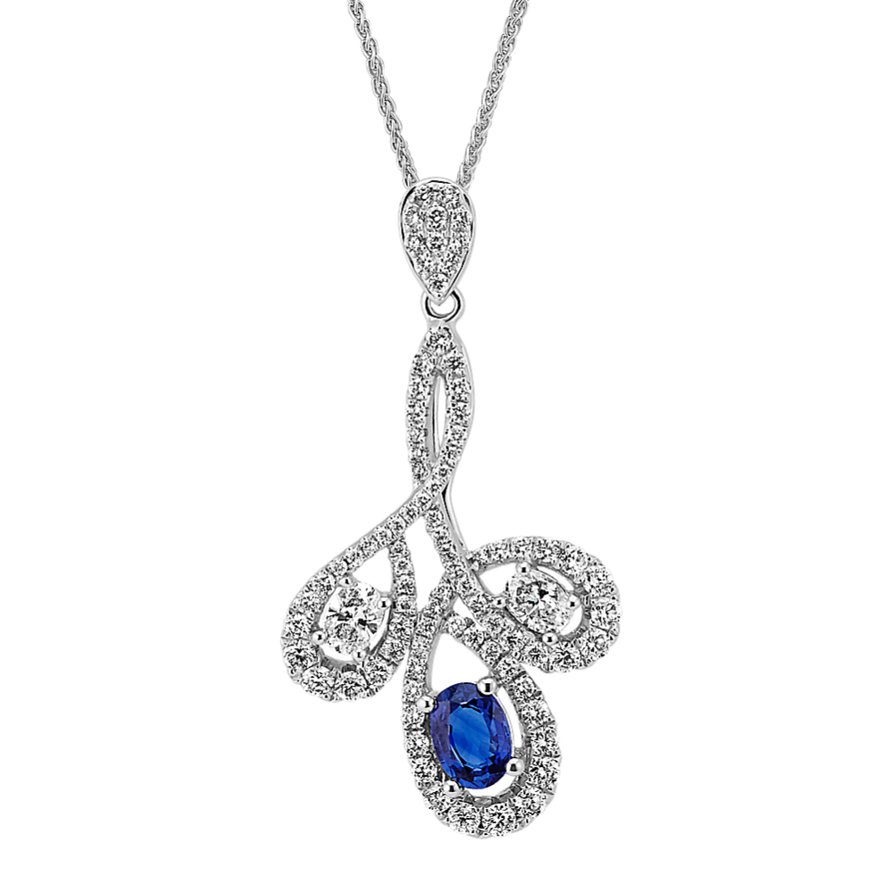 Oval Traditional Blue Sapphire and Diamond Pendant (20'')