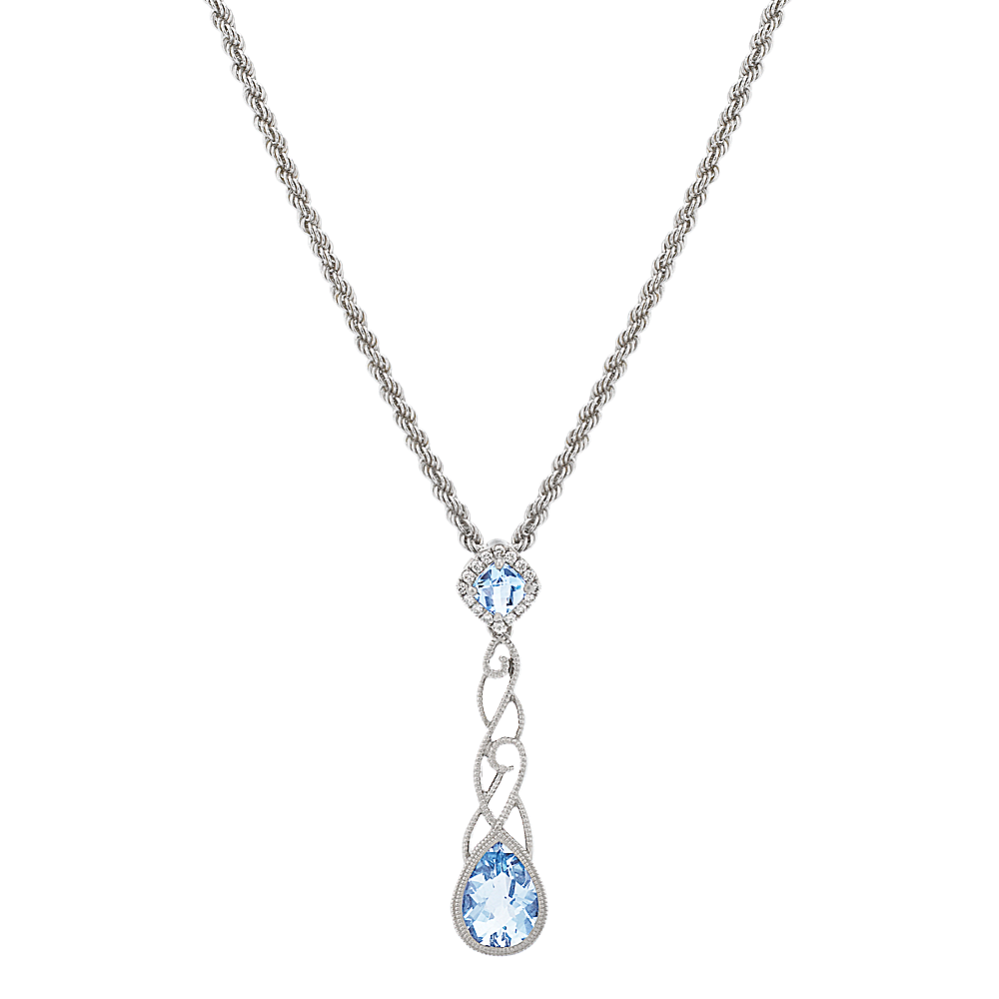 Palma Aquamarine and Diamond Pendant in Sterling Silver (20'')