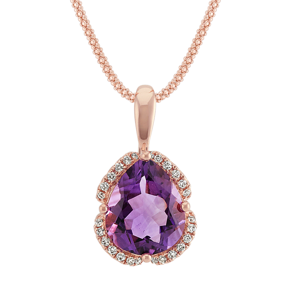 Pear-Shaped Amethyst and Round Diamond 14k Rose Gold Pendant (18 in)